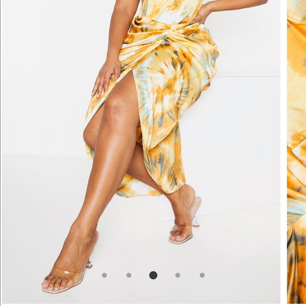 Orange tie-dye rouched midi skirt